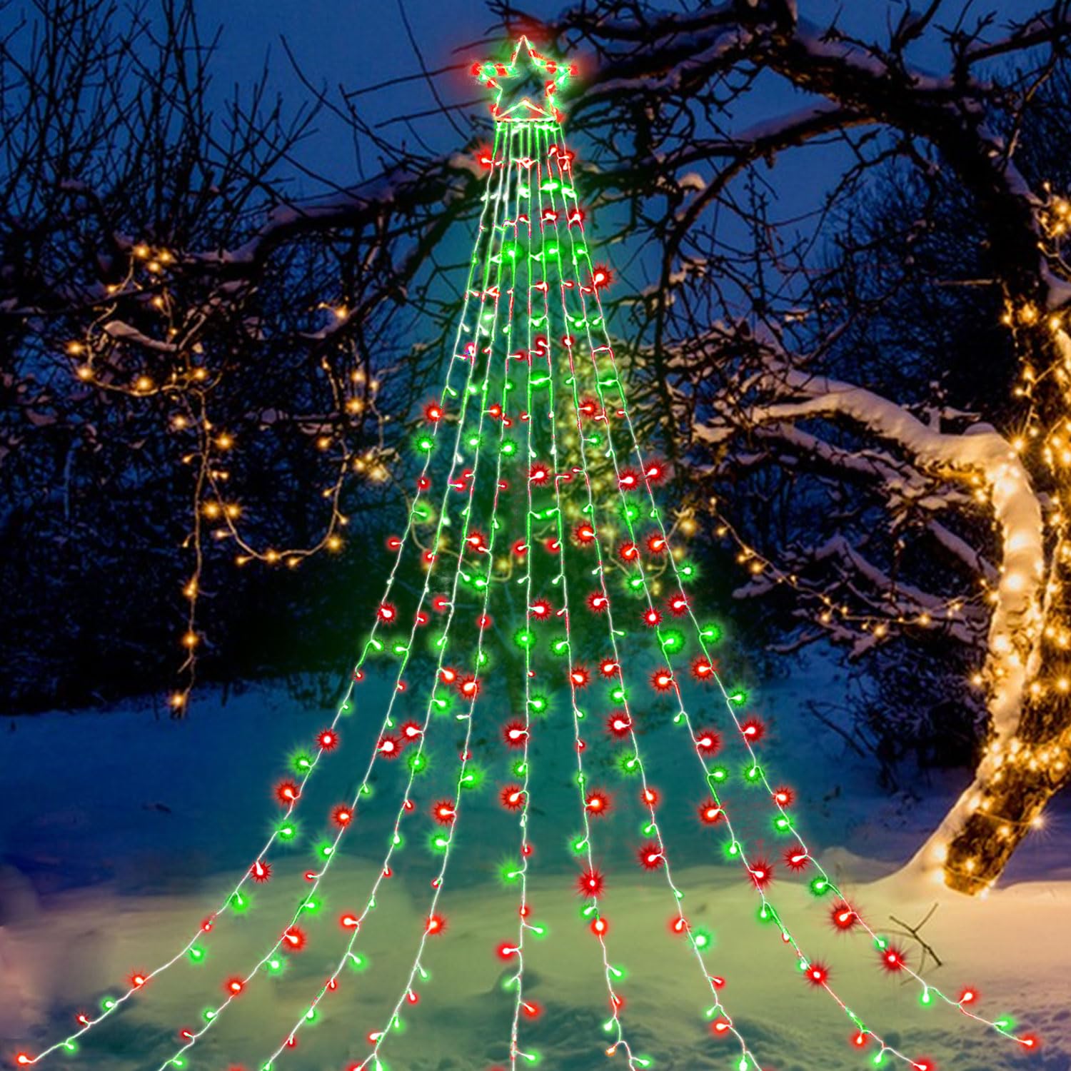 PUHONG Christmas Decoration Outdoor Star String Lights, 16.4Ft Christmas Tree Toppers Lights 320 LED 8 Modes with 12" Lighted Star for Halloween Christmas New Year Holiday Birthday (Multicolored)